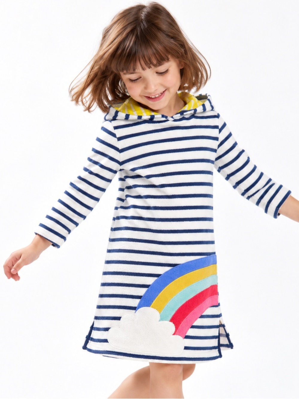 Mini Boden 4-5Y Navy White Stripe Rainbow Cloud Hooded Terry Beach Cover Up Swim
